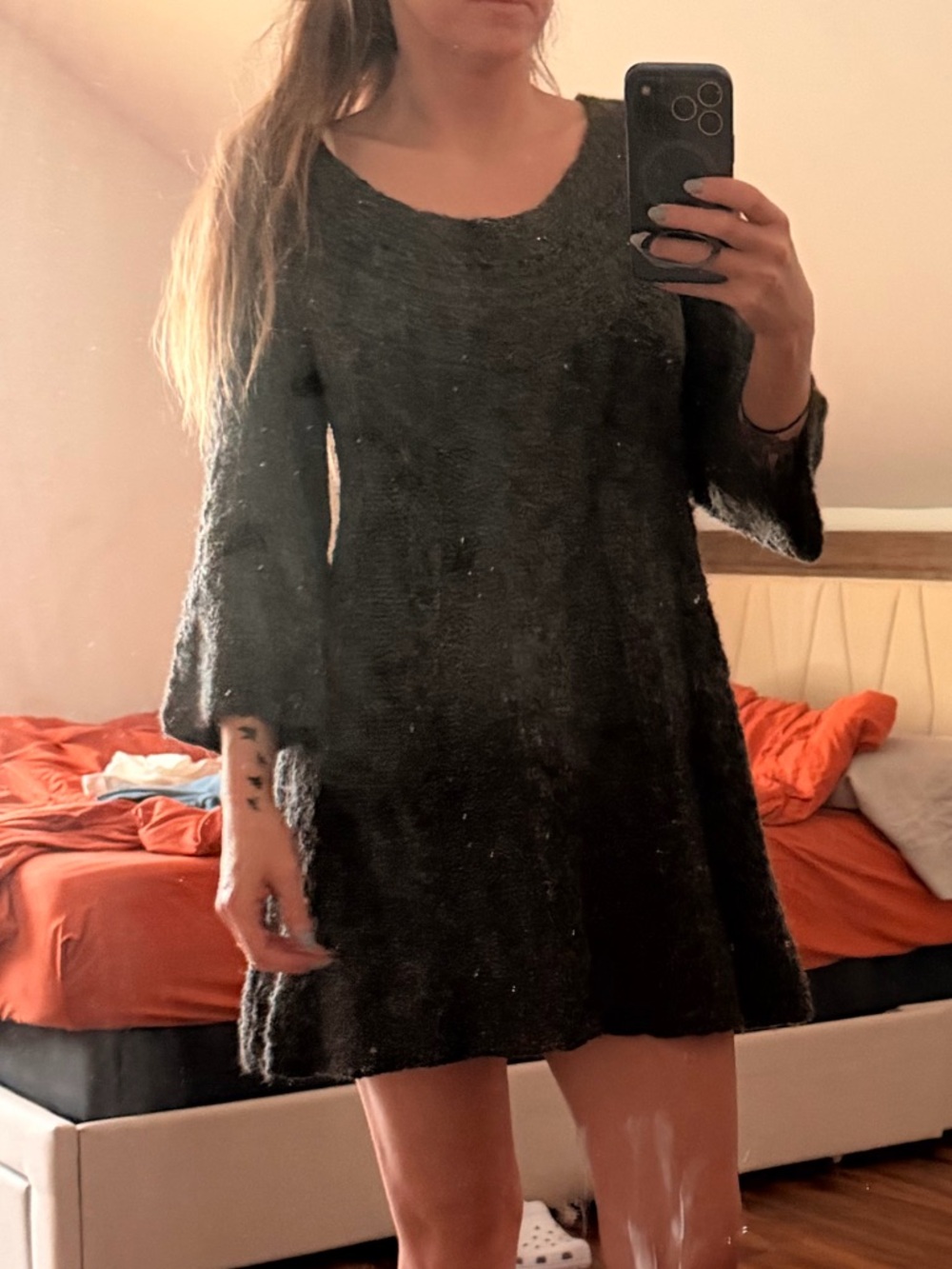 Free People Black Mini Sweater Dress with Flared Sleeves